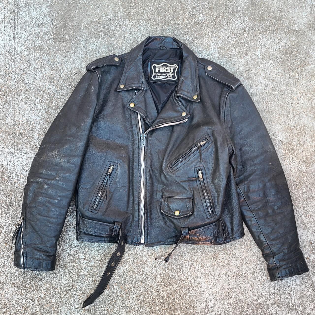 Vintage leather motorcycle jacket with gloves sz 46... - Depop