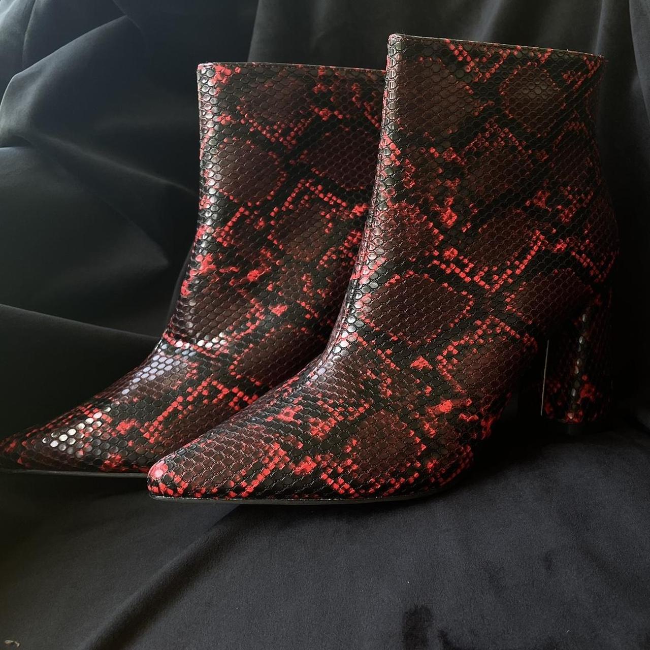 Boohoo red snake print ankle boots with block heels.... Depop