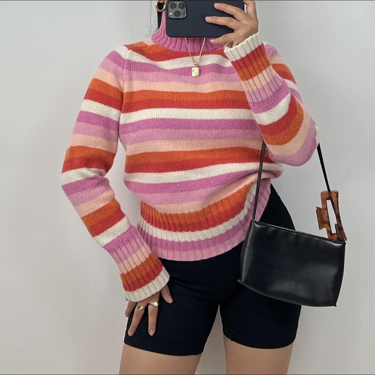 Y2k strip chunky knit turtle neck sweater by... - Depop