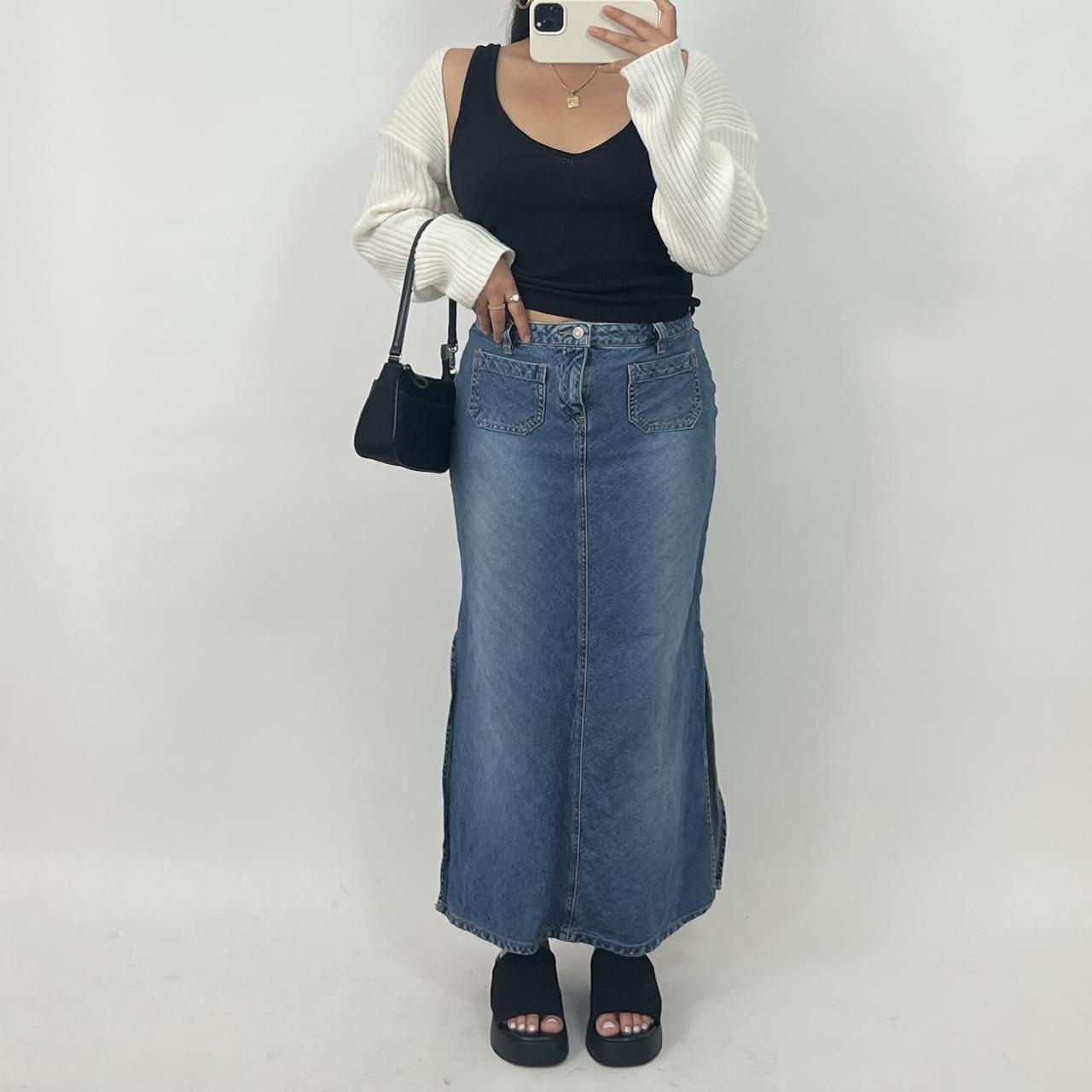 Y2k denim jean long midi/maxi skirt. Fits low-mid... - Depop