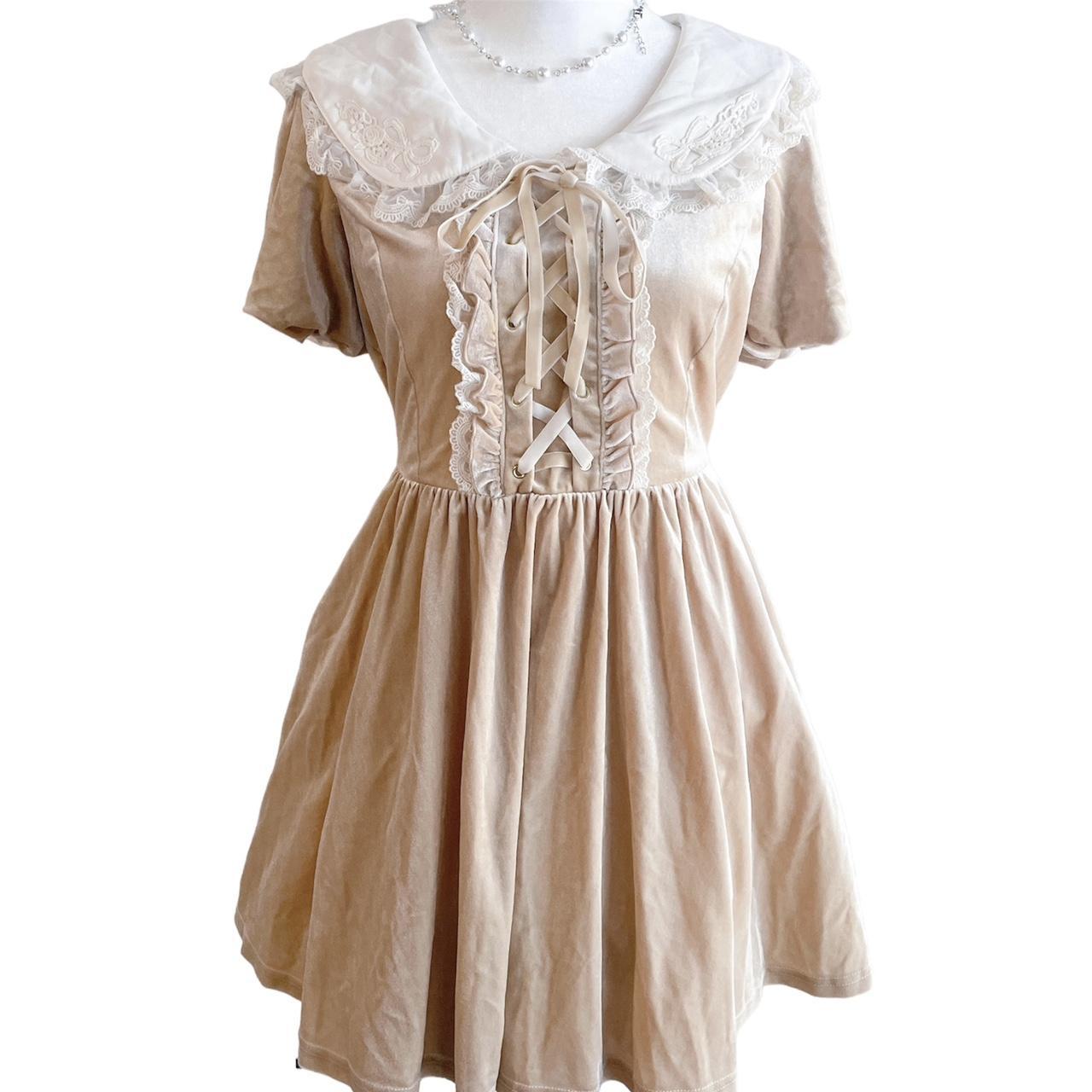 Golden beige collared babydoll dress from Japanese... - Depop