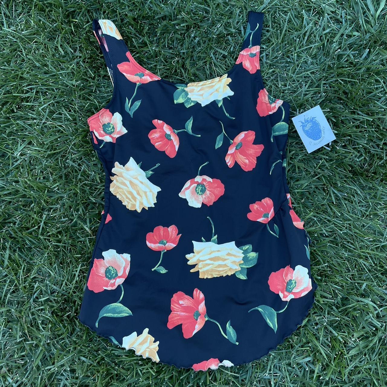flower printed black one piece swimsuit Size... - Depop