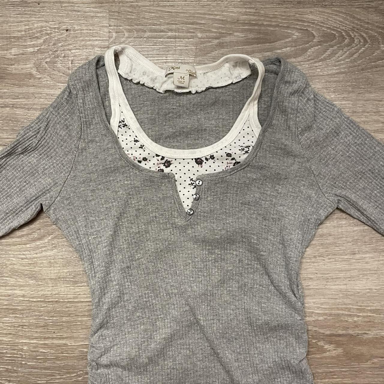 grey henley top with sewn in cami 3/4 sleeves lace... Depop