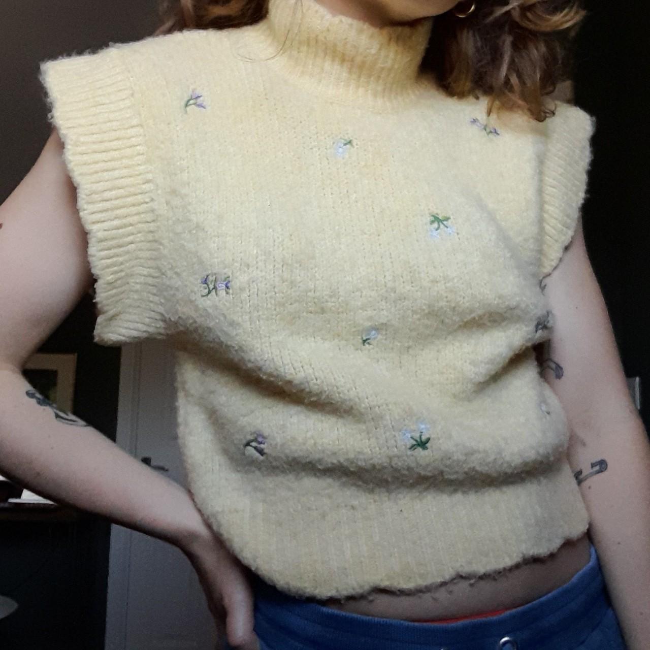 Zara pale yellow sweater vest with embroidered... Depop