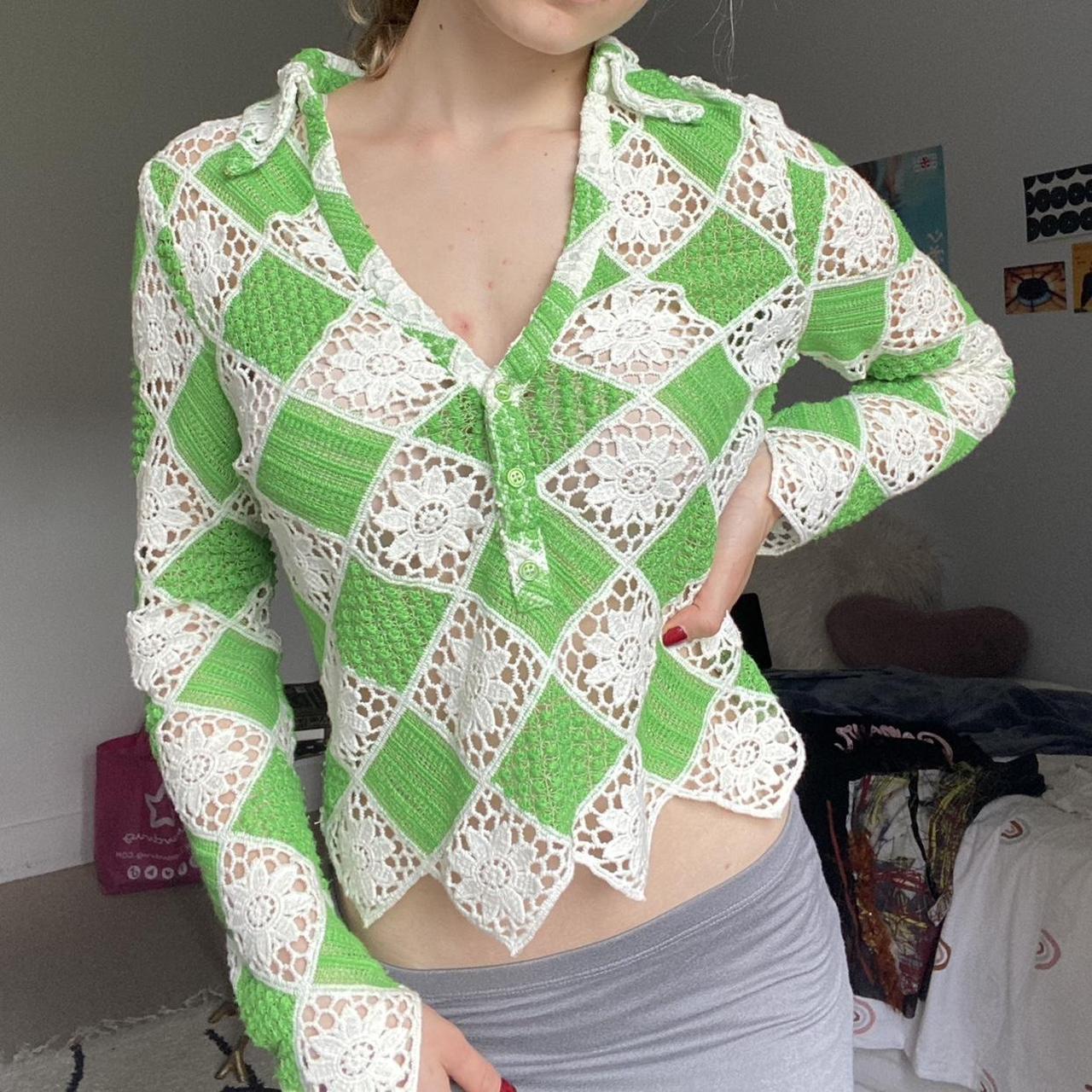 Crochet green and white long sleeve Zara top Depop