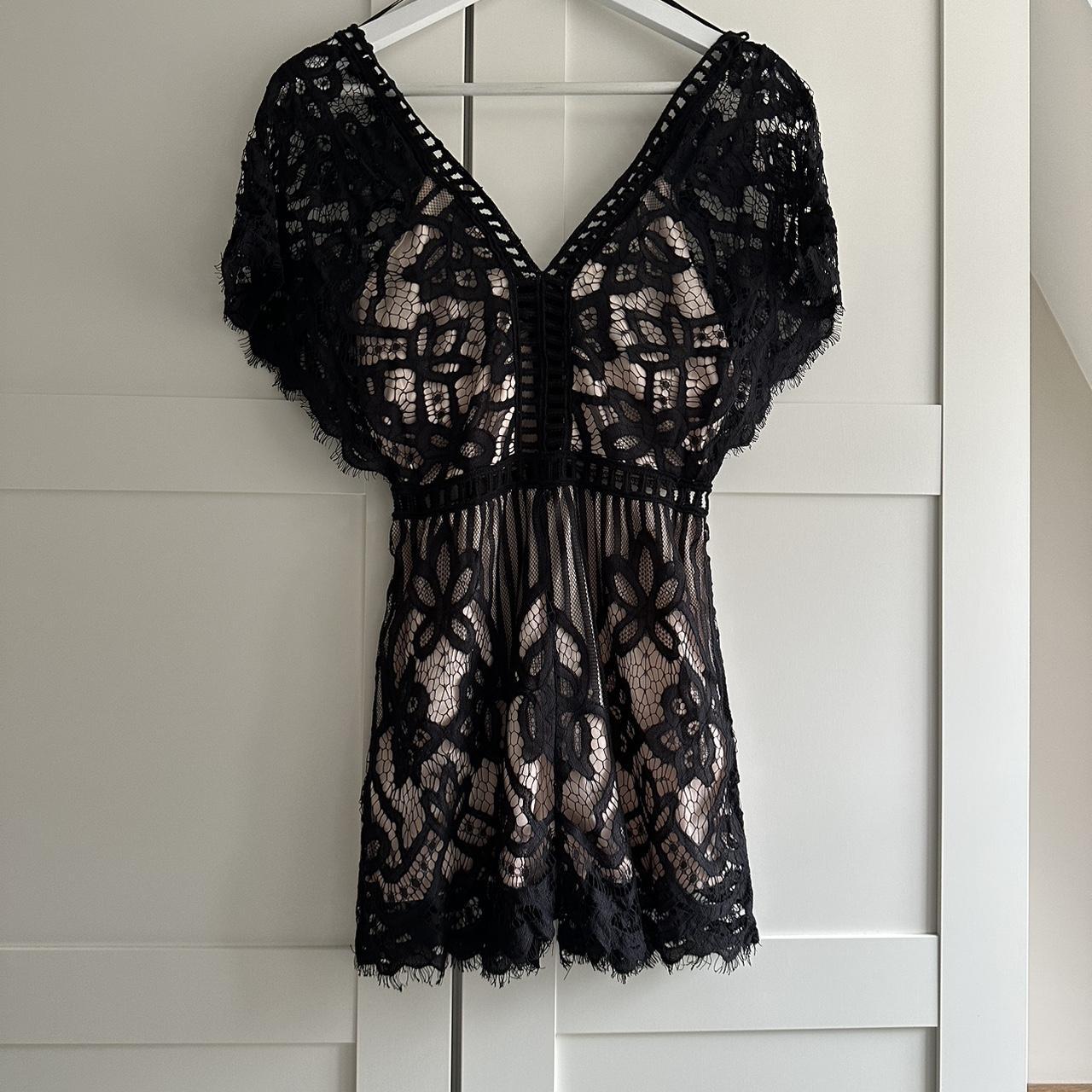 Black lace playsuit V neck front and back, capped... - Depop