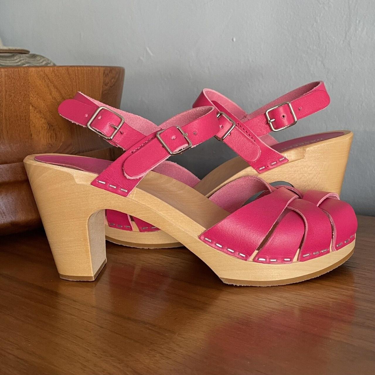 Swedish Hasbeens Women's Sandals - Pink - US 6.5 – Swedish Hasbeens Pink Leather Sandals Heels Peep …