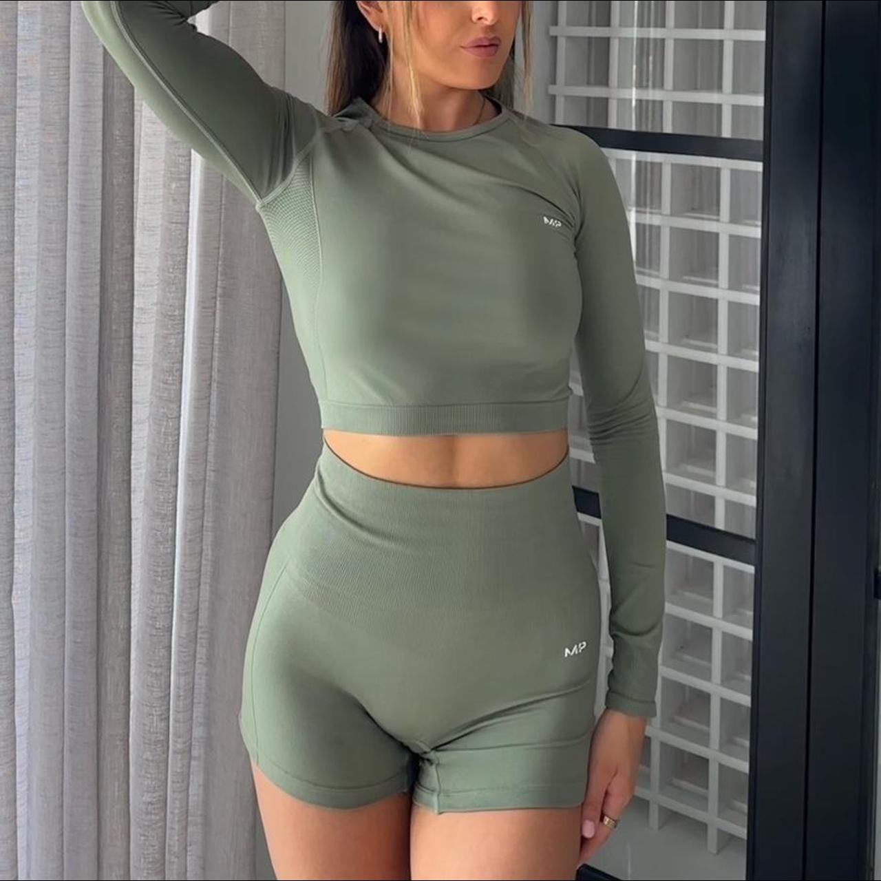 Khaki gym set. Short & long sleeve crop top. Size... - Depop