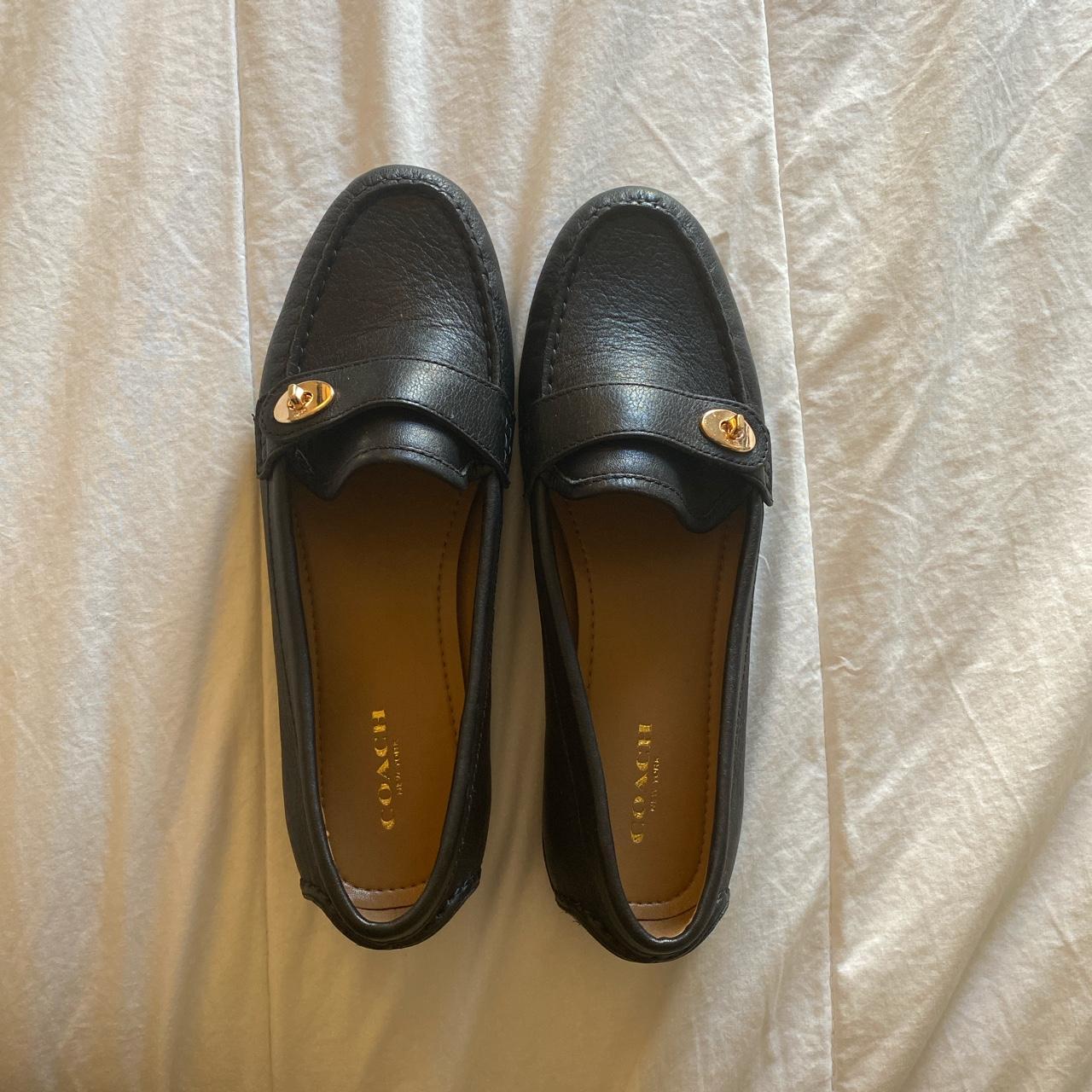 Coach Women's Black and Gold Loafers | Depop