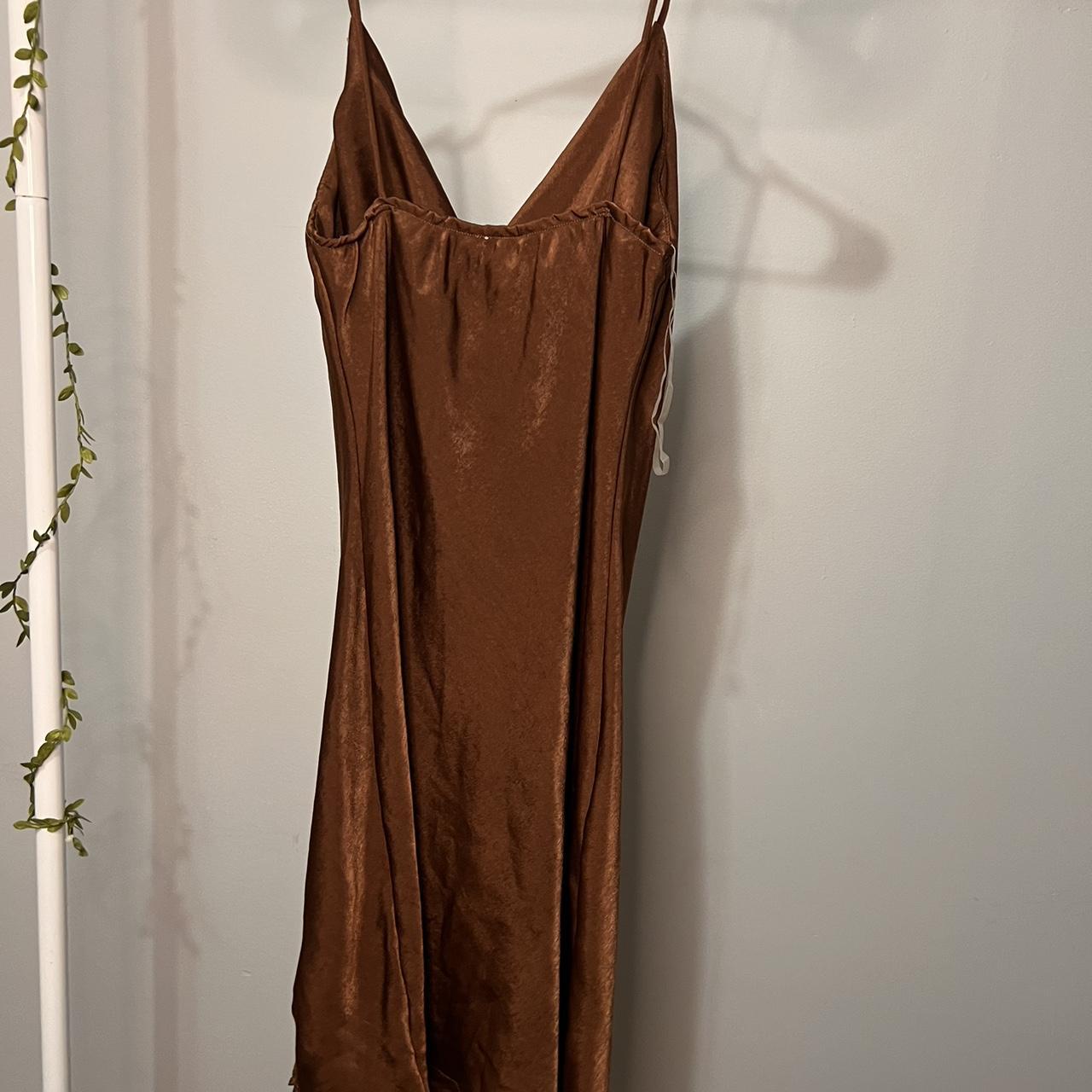 long satin brown dress from rue 21 cute side slit - Depop