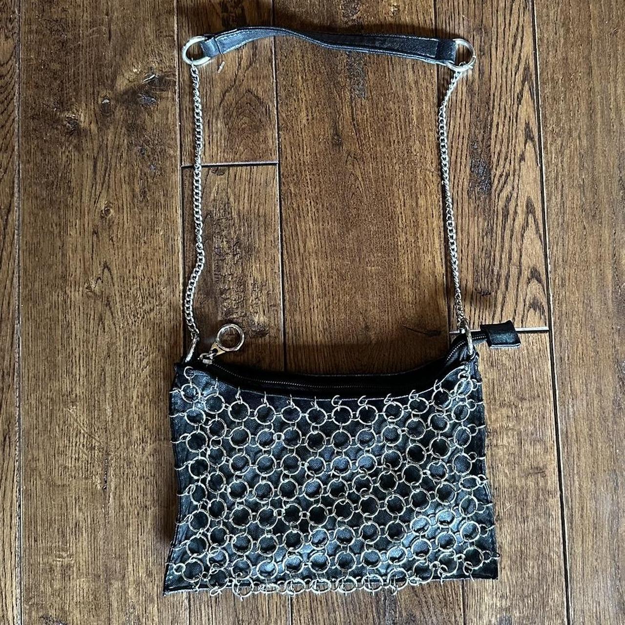 Black leather shoulder bag with silver hardware and... - Depop