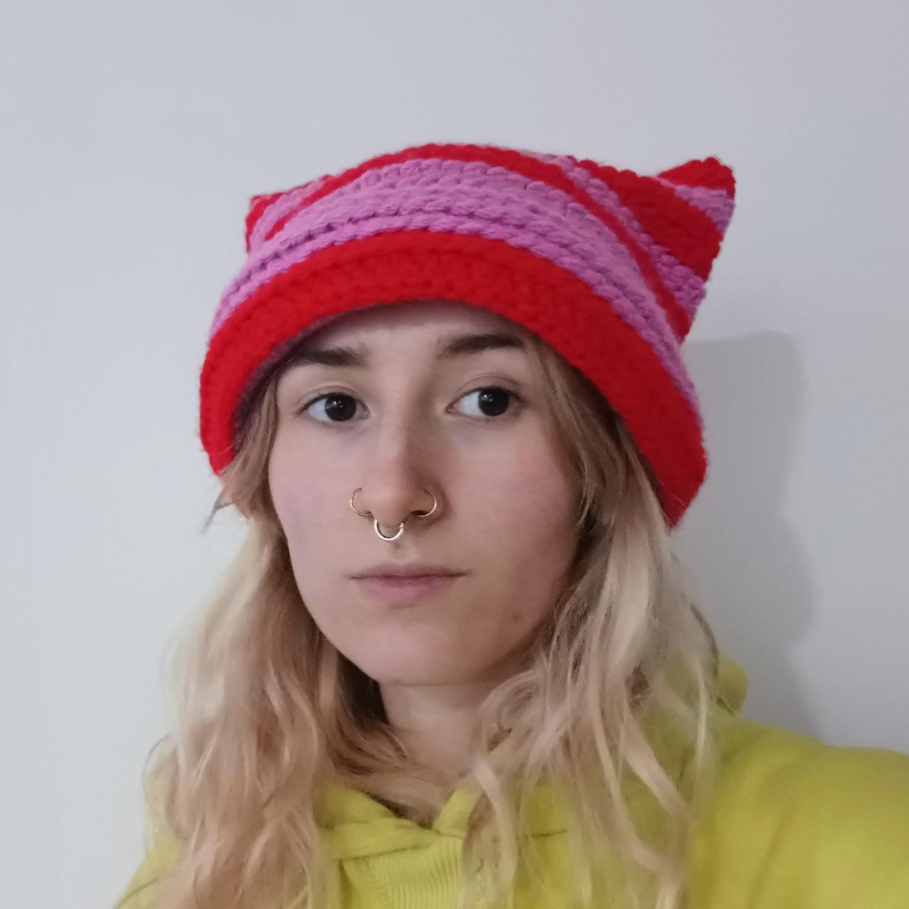 Pink and red striped cat ear / goblin style crochet... Depop