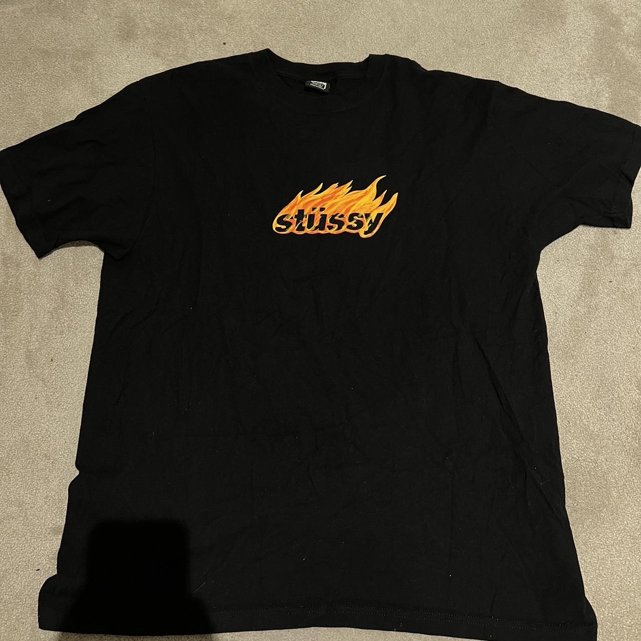 Stussy flame t shirt Black with orange flame | Depop