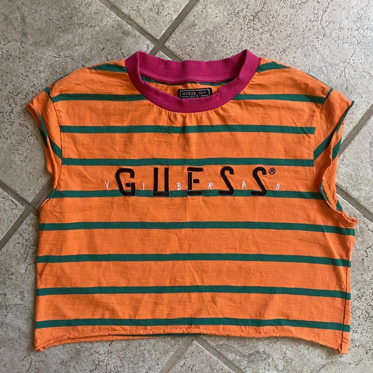 Distressed and cropped striped Guess shirt Oversized... - Depop