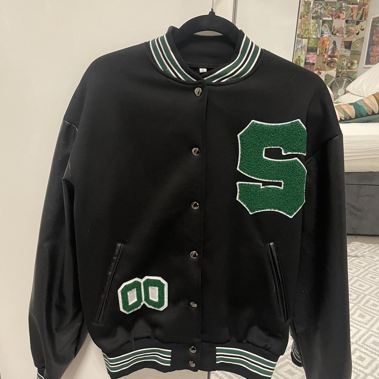 Green and black varsity jacket Worn once - Depop