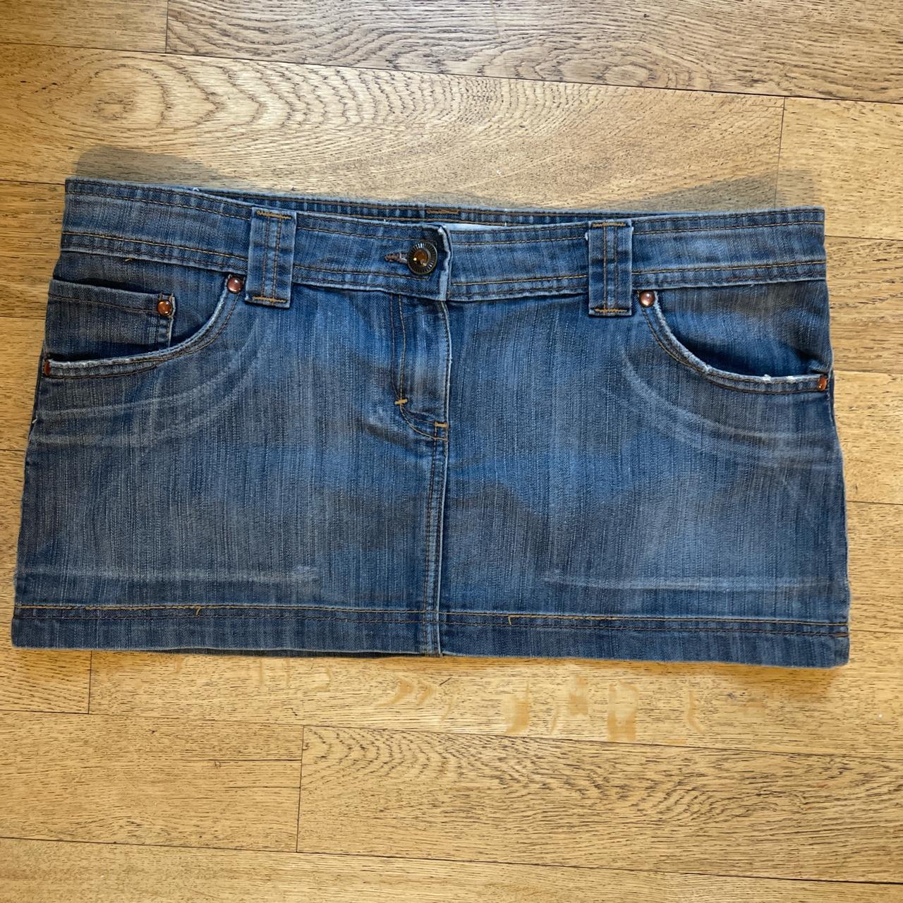 Denim mini skirt with brown leather embroidery on... - Depop
