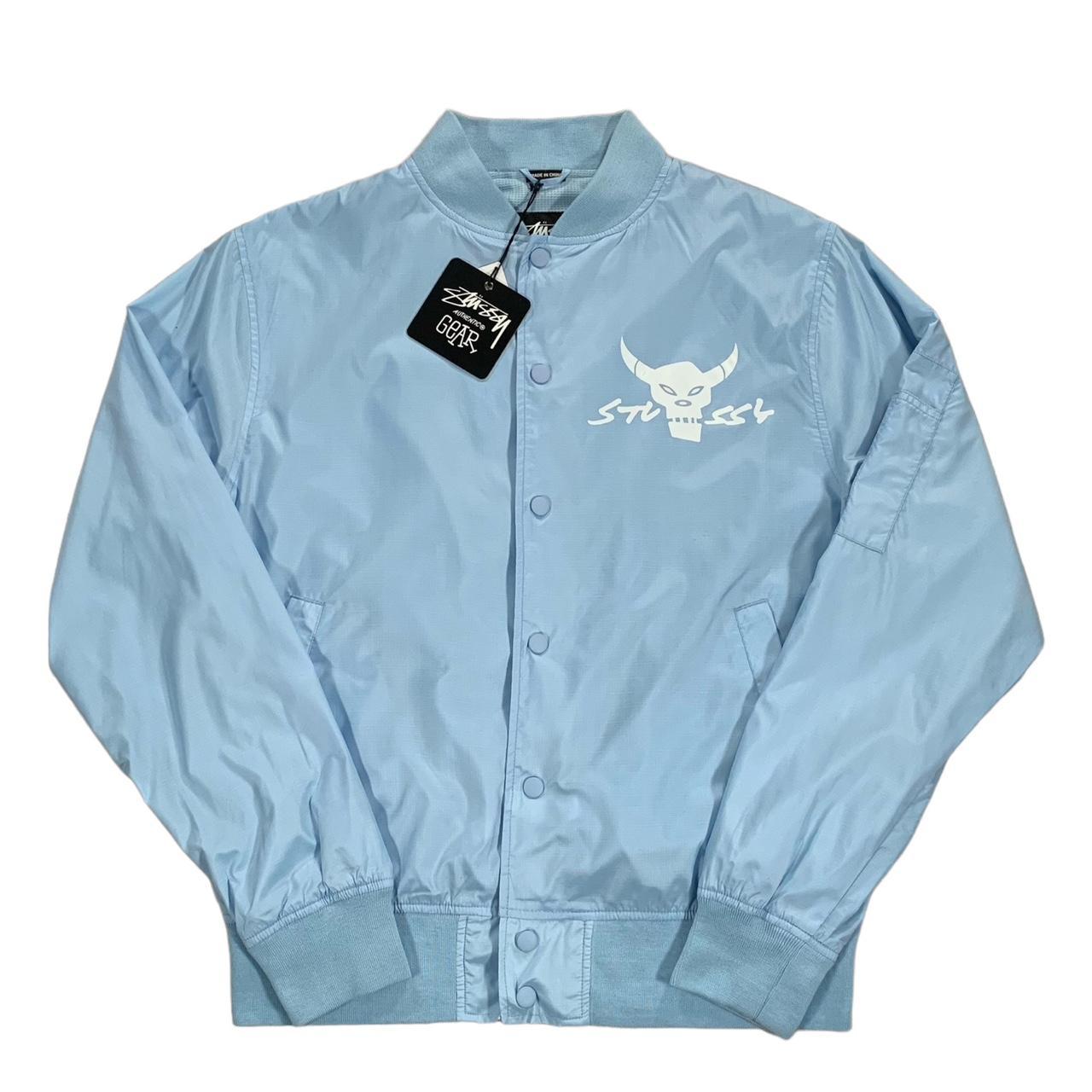 Vintage Stussy Futura Light Blue & White Varsity... - Depop