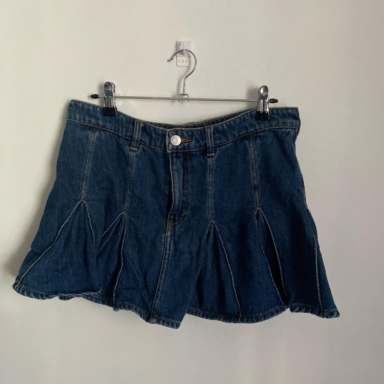 Pleated denim skirt Brand: Monki Labelled 36, I... - Depop