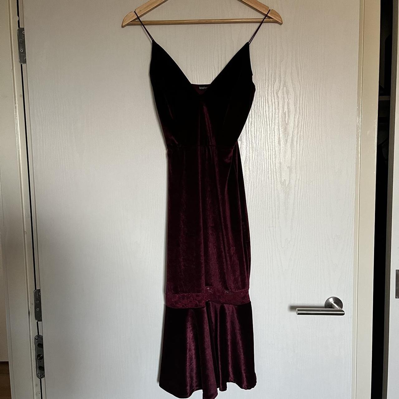 Burgundy Velvet Strap Bodycon Dress with Lace... - Depop