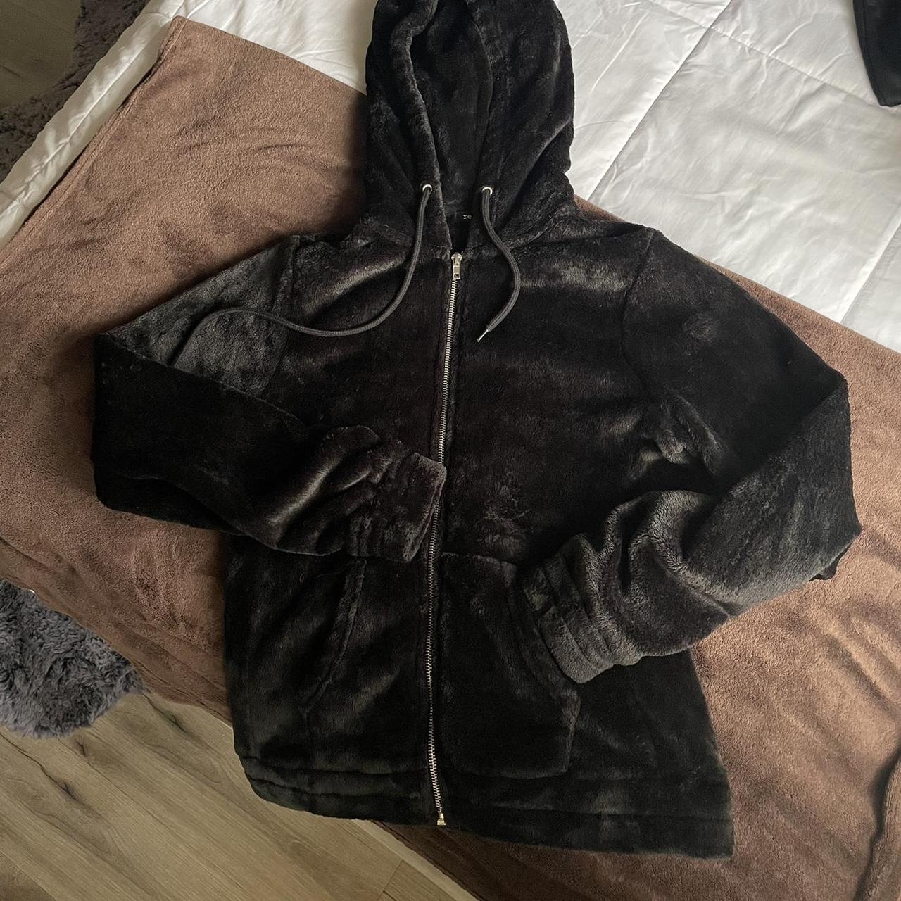 black fuzzy zip up sweater • in perfect condition,... - Depop