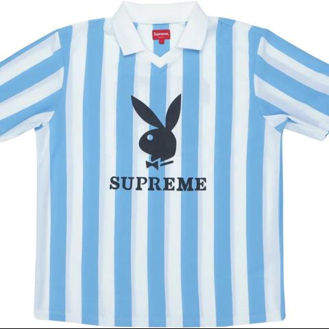 Supreme Playboy Soccer Jersey in size M, light blue.... - Depop