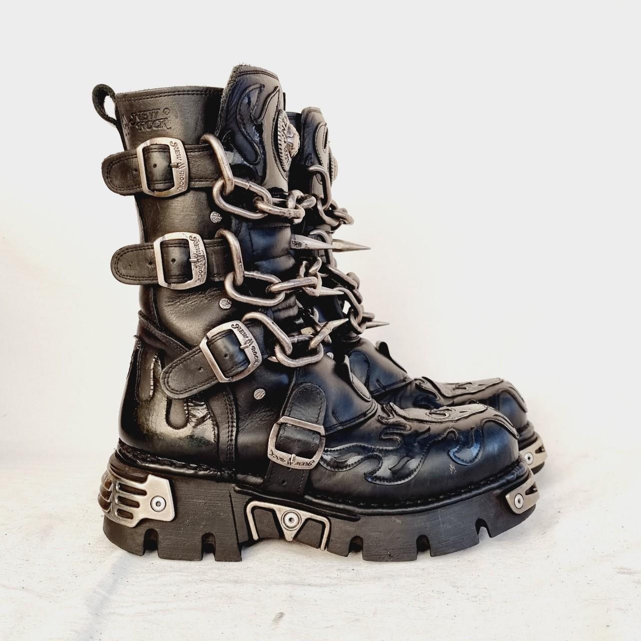New rock boots fire シルバー　パンク New Rock Unisex M.727-S1 Black Leather Boots Skull Chain
