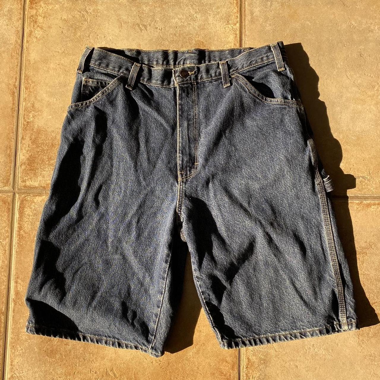 Long blue denim Dickies shorts, (jorts) .. Waist... - Depop