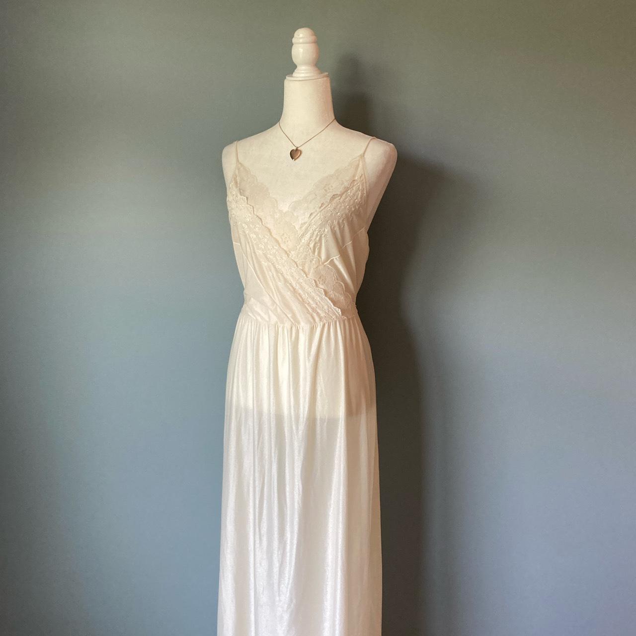 70s Vintage Slip Dress White 100% Nylon Lace Maxi... - Depop