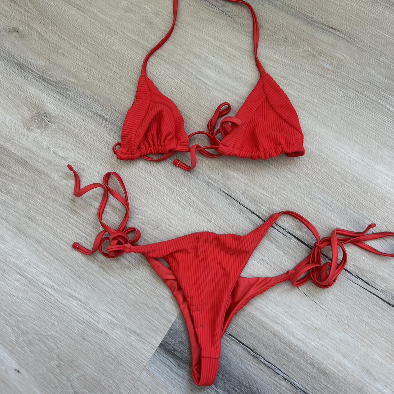 Bright red Frankies Bikinis swimsuit, cheeky bottom Depop