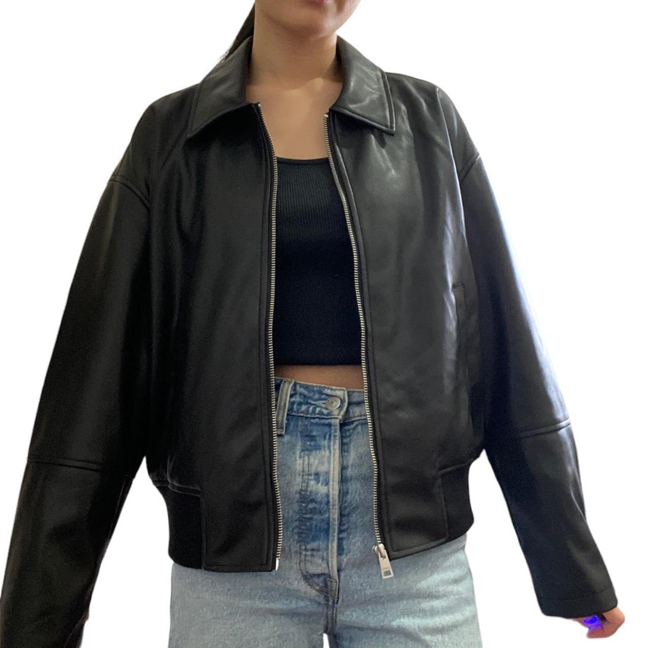 Leather bomber jacket Model is size small,... - Depop