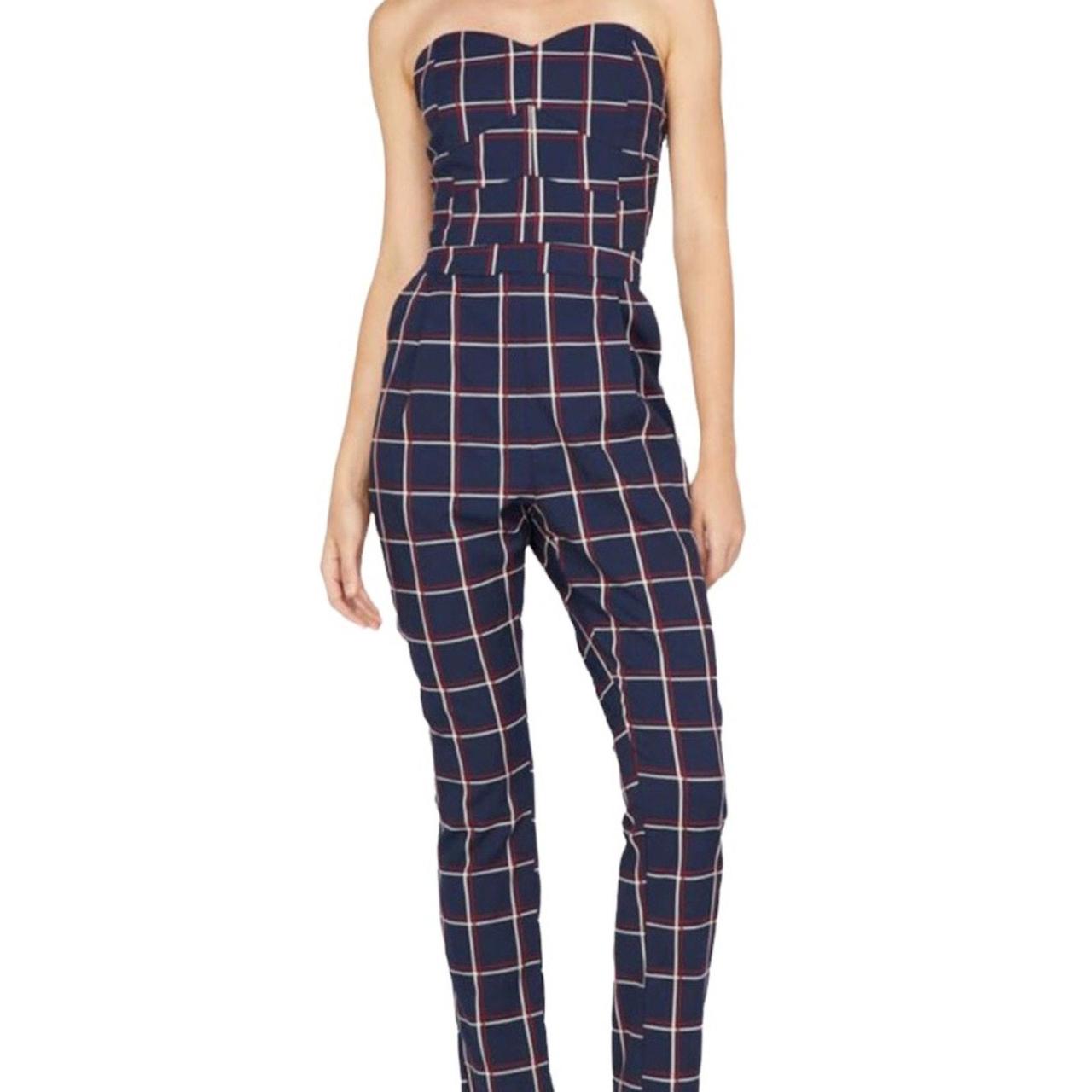 Adelyn Rae Yara Navy Plaid Strapless Jumpsuit. Depop