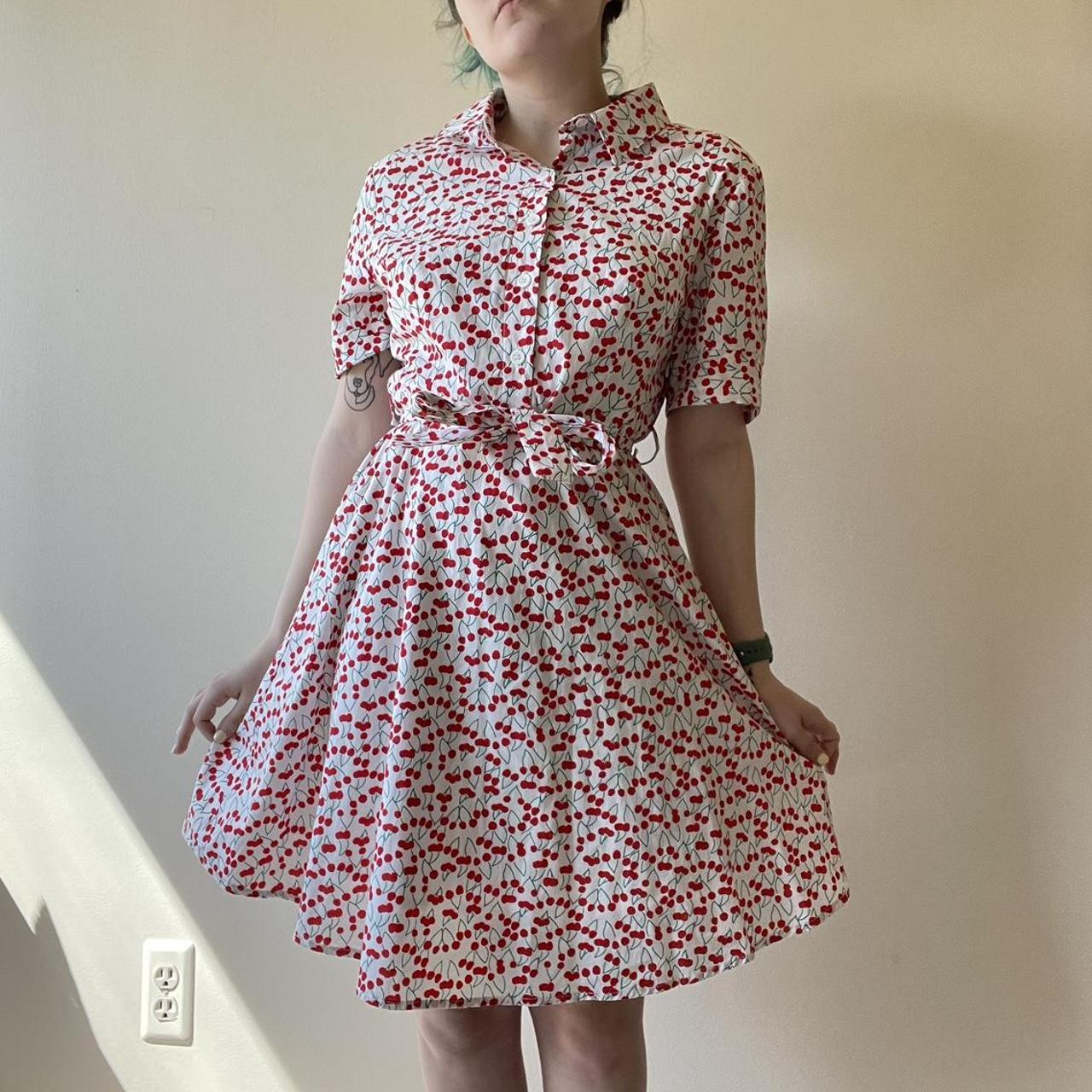 cherry print shirt dress with matching tie... - Depop