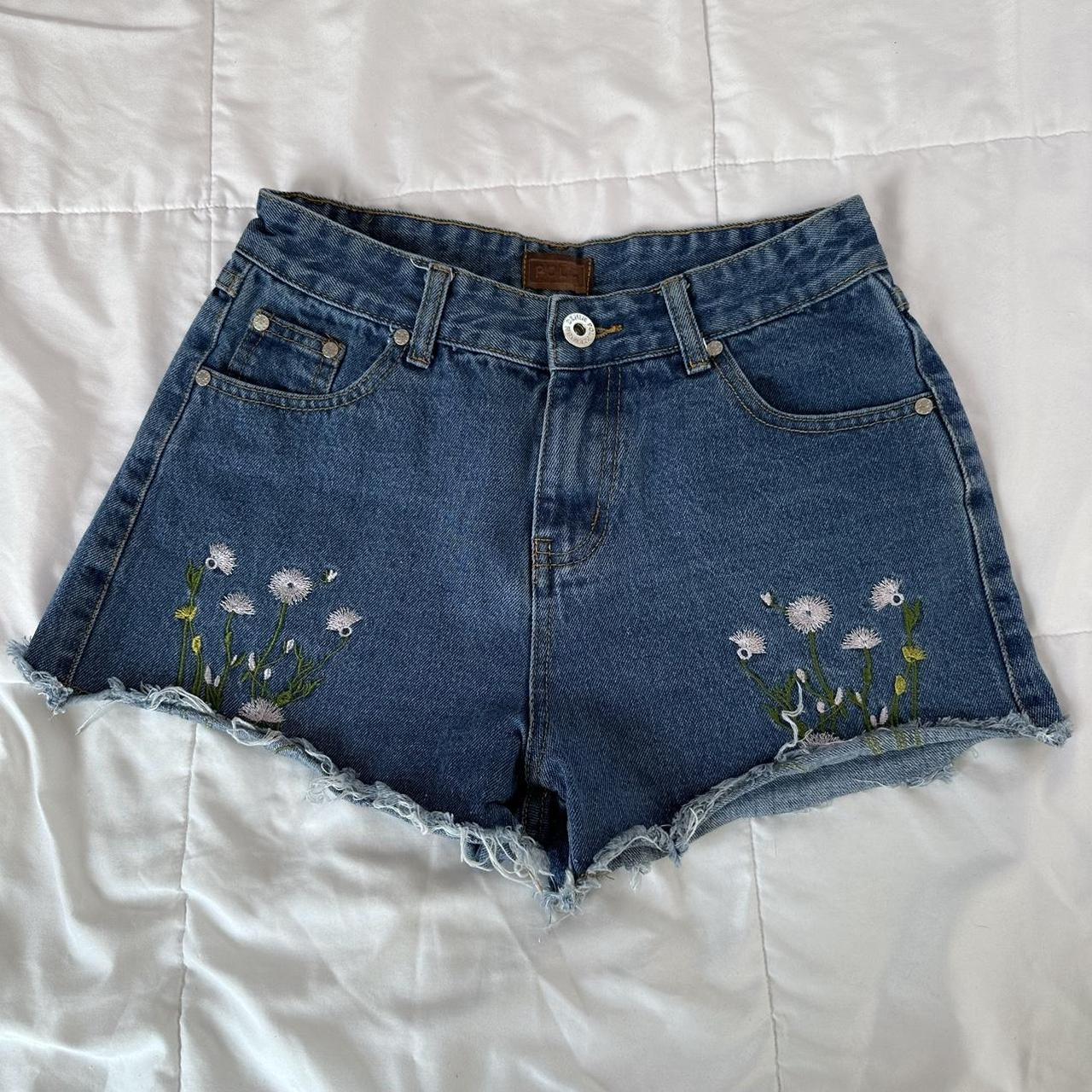 POL denim floral embroidered shorts -high waisted... - Depop
