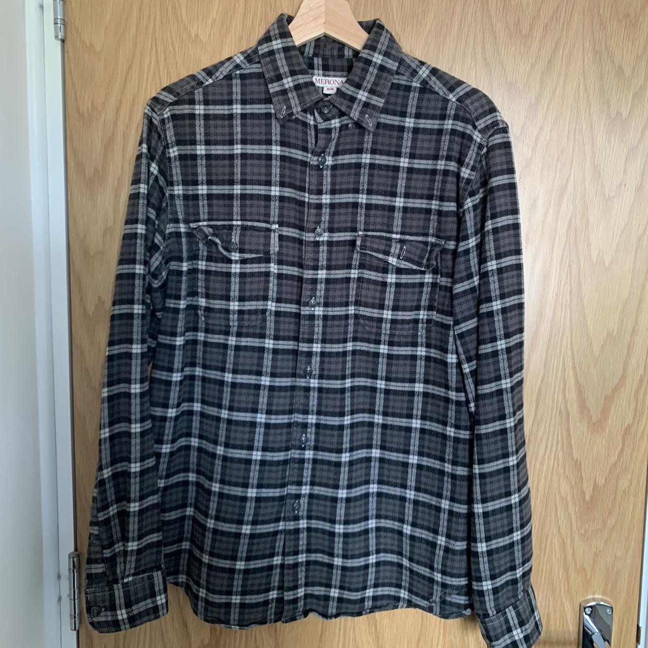 Vintage black and grey checkered flannel button down... - Depop