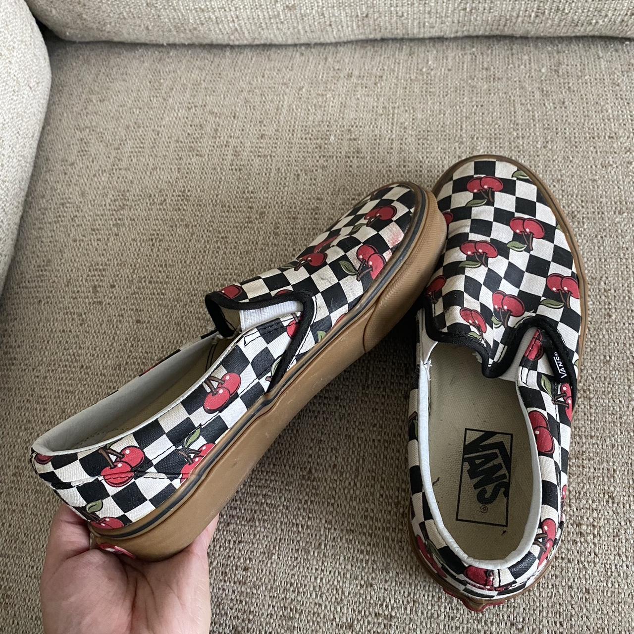 Vans cherry hotsell checkered slip ons