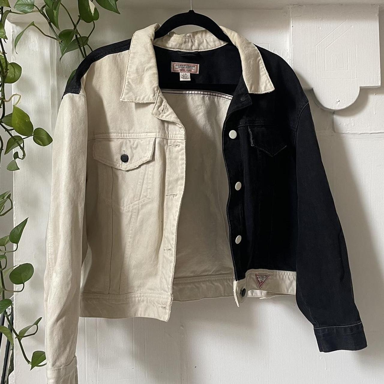 Half white half black denim jacket best sale