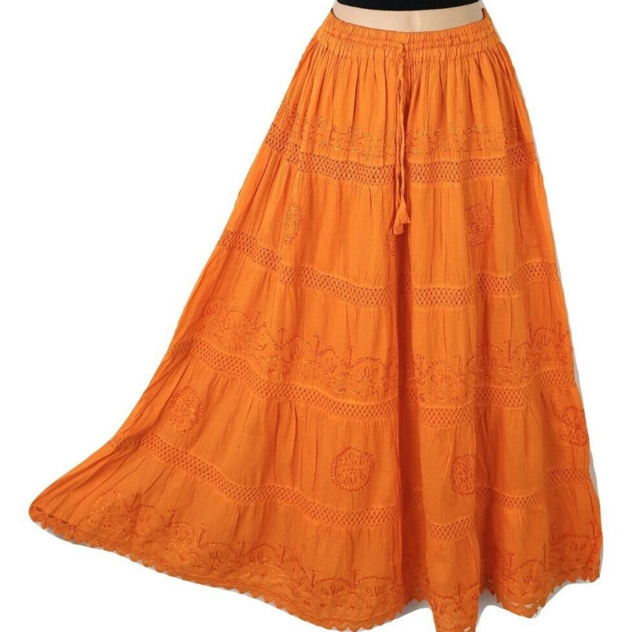 Bright Orange Boho Cotton Maxi Skirt Five Tiered... - Depop