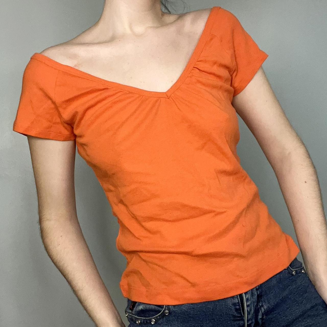 Vintage Y2K orange cross back vneck off shoulder... Depop