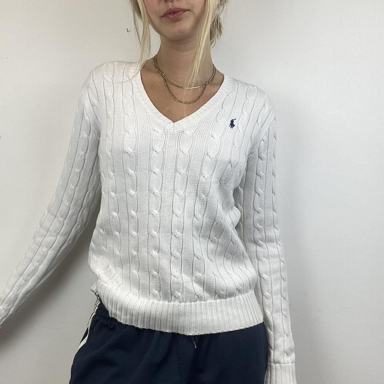 Ralph Lauren Women's White and Navy Jumper Depop