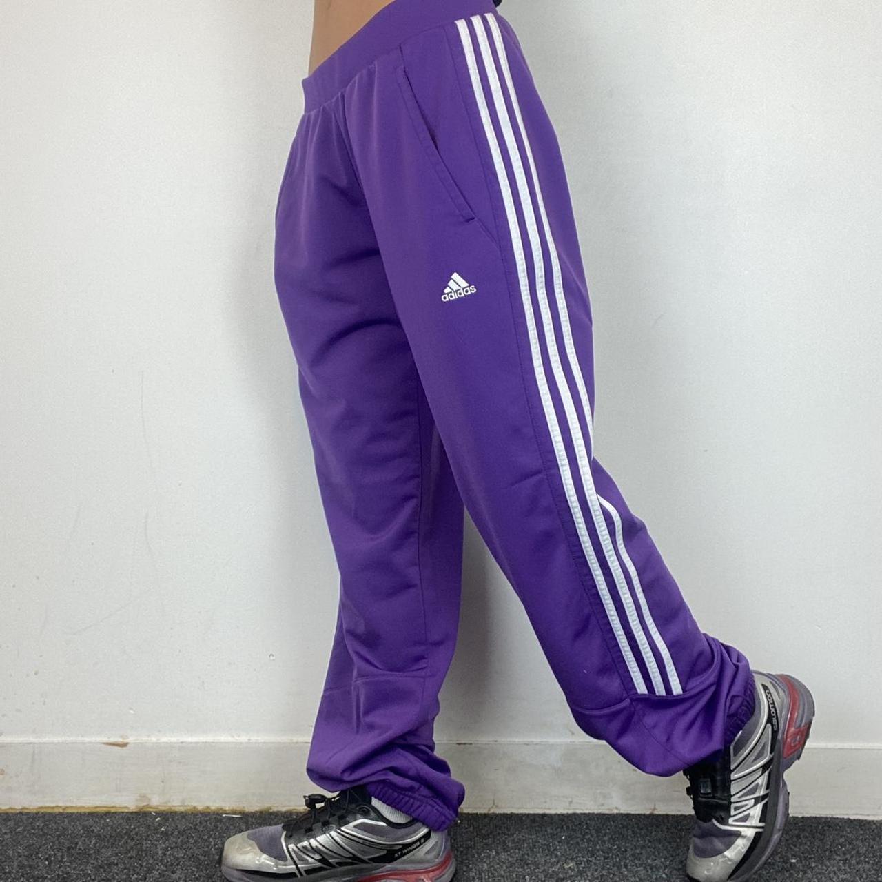 adidas purple and white stripe tracksuit bottoms... - Depop