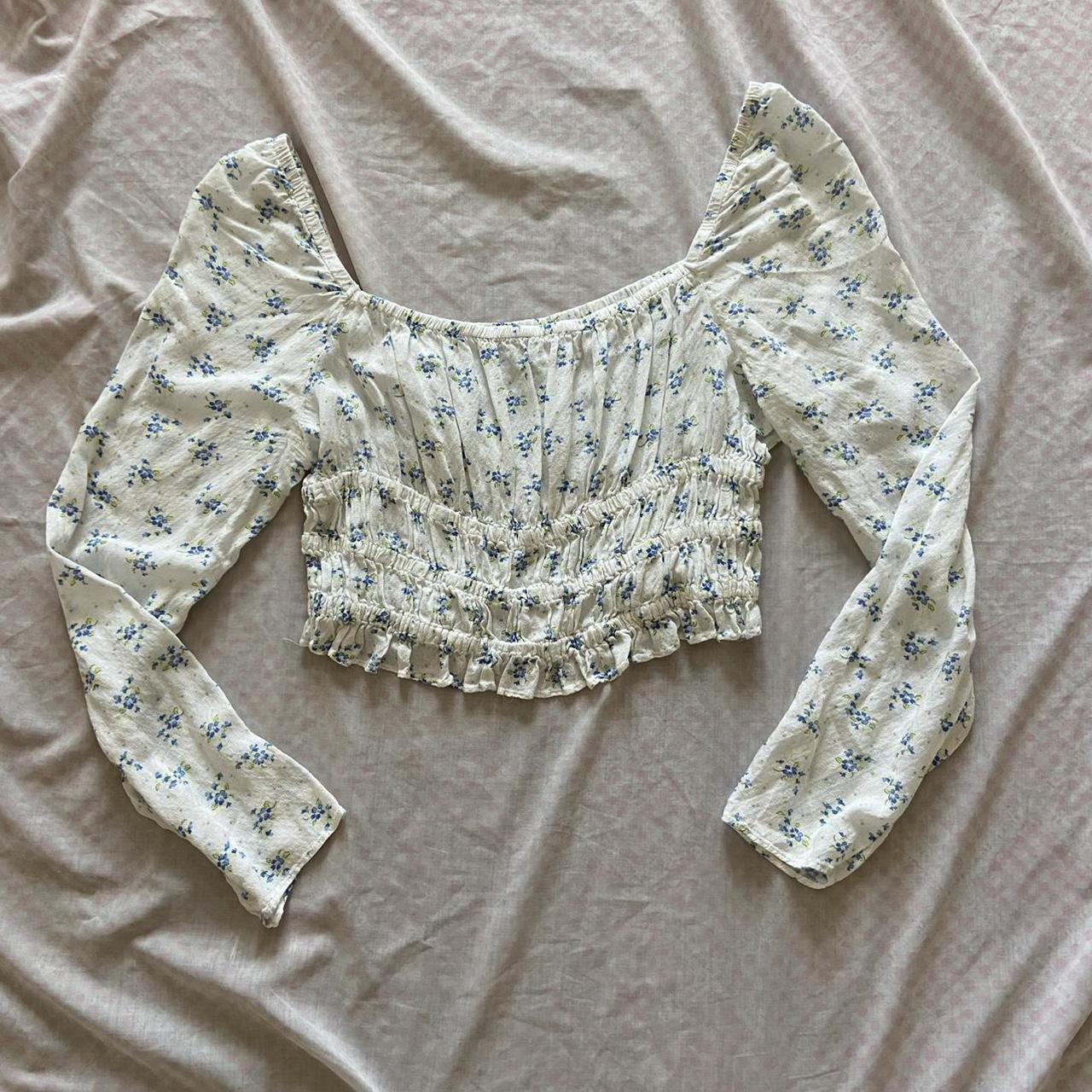 Urban Outfitters Women's Blue and White Blouse | Depop