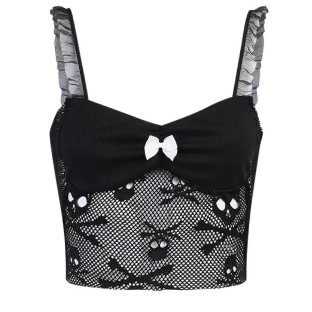 Black mesh skull crop top Features skull and... - Depop