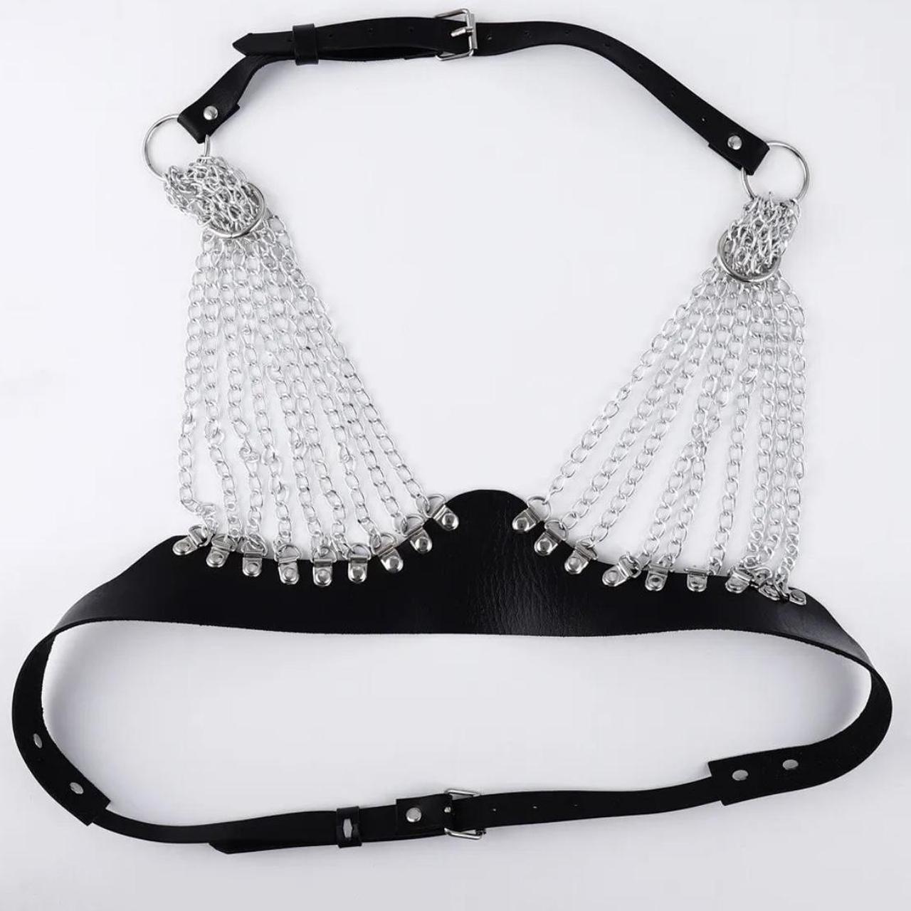 Black faux leather chain bra harness Buckle straps... - Depop