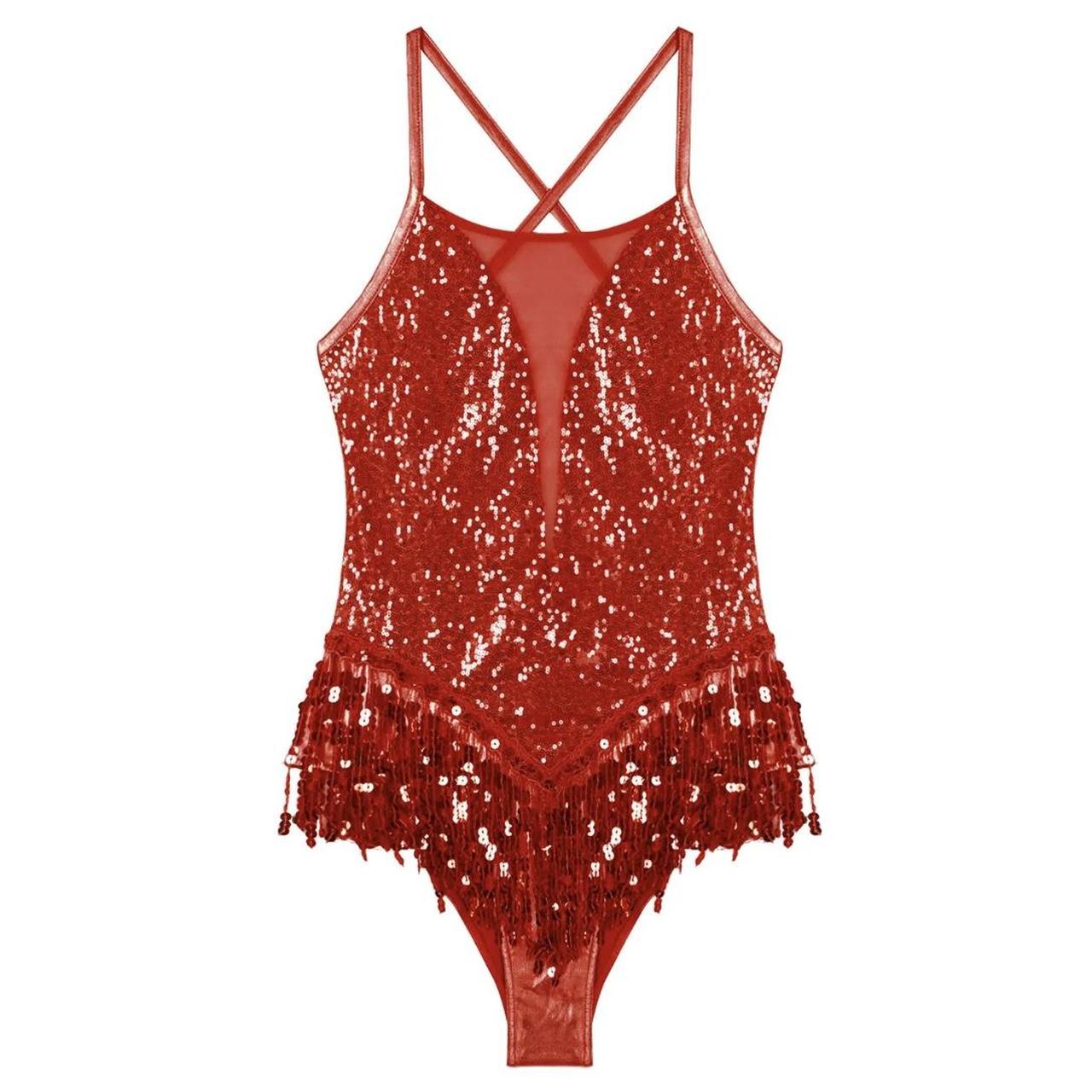 Red sequin tassel bodysuit Features sequin front... - Depop