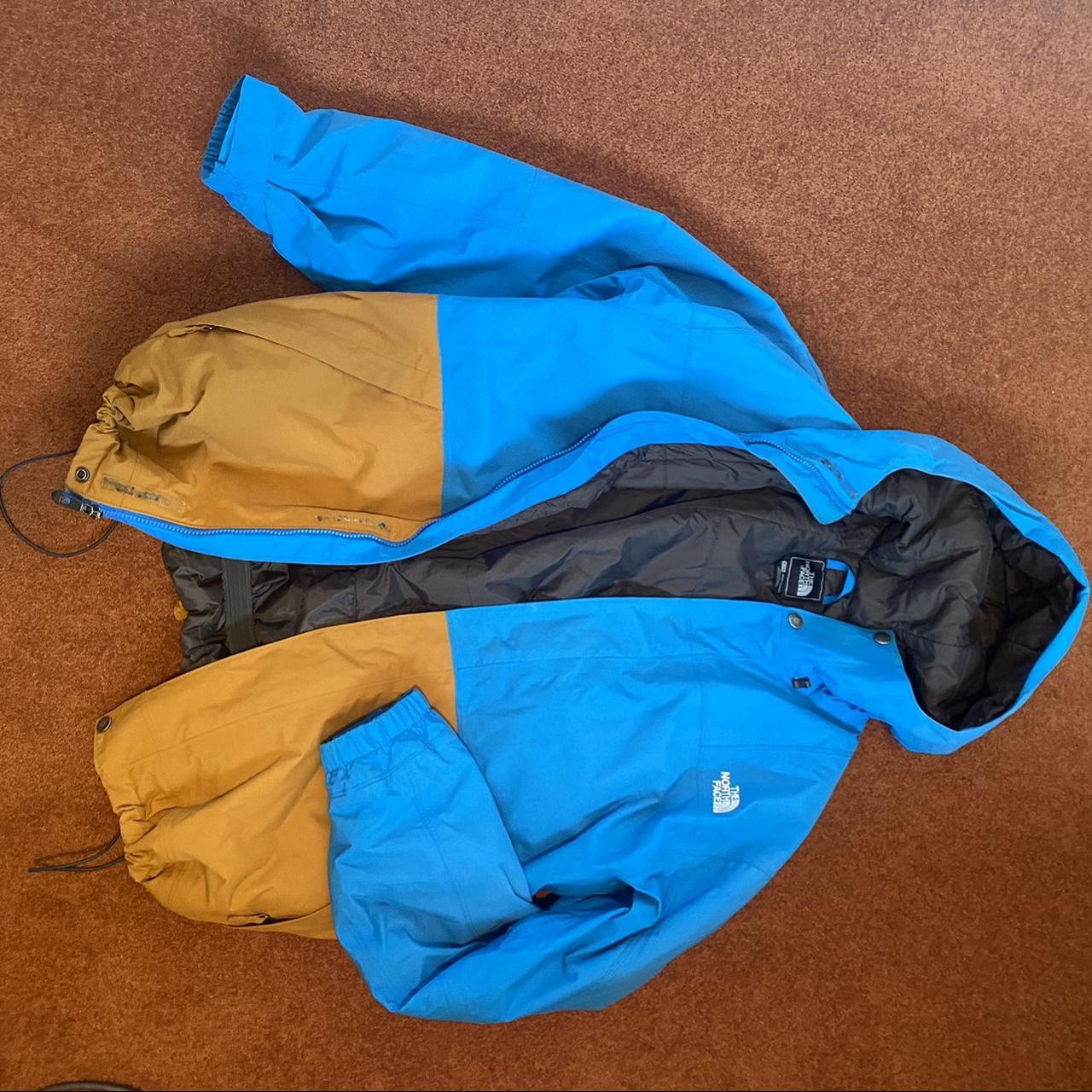 The North Face 😝, unique blue and mustard rain coat... - Depop