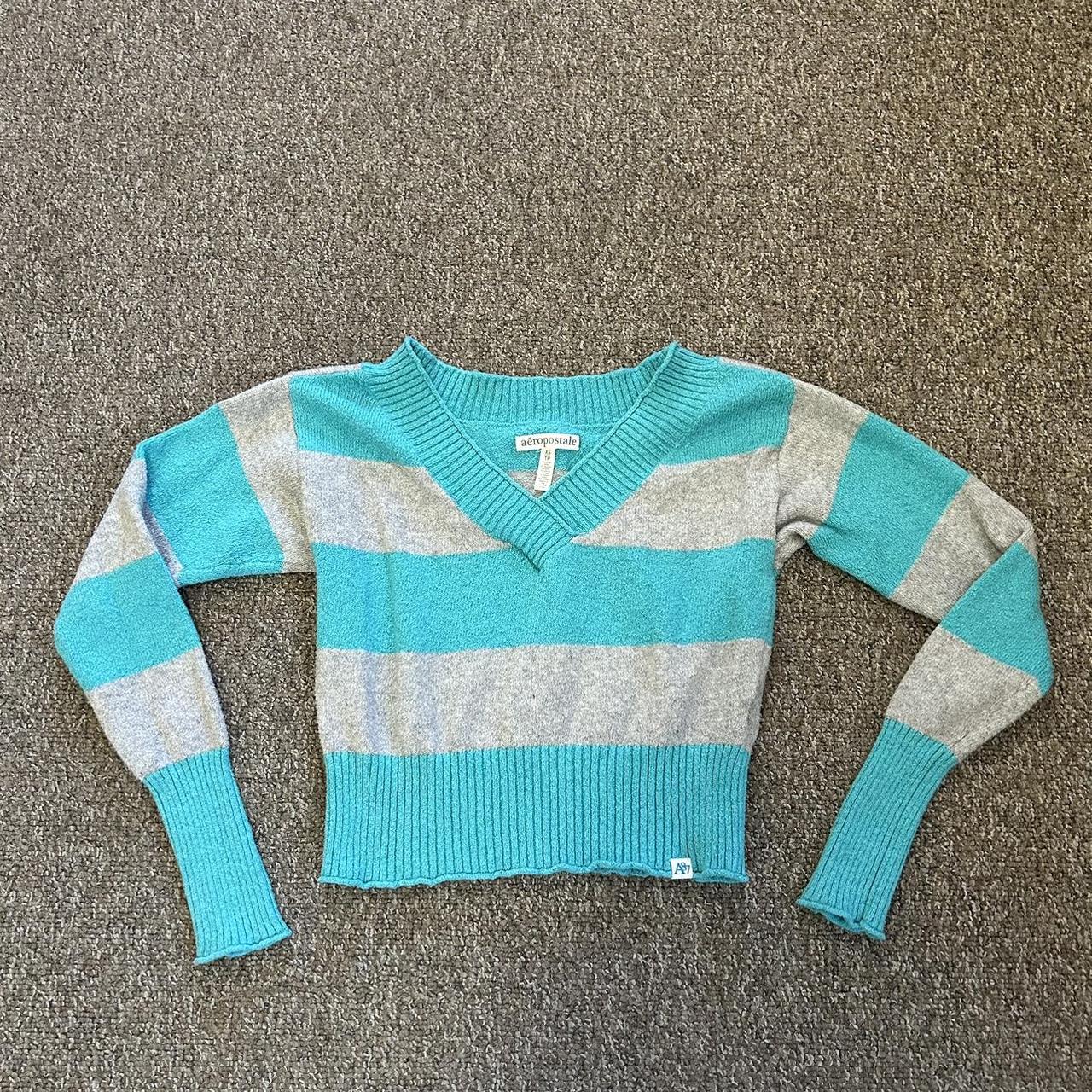 Aeropostale Women's Blue and Grey Jumper Depop
