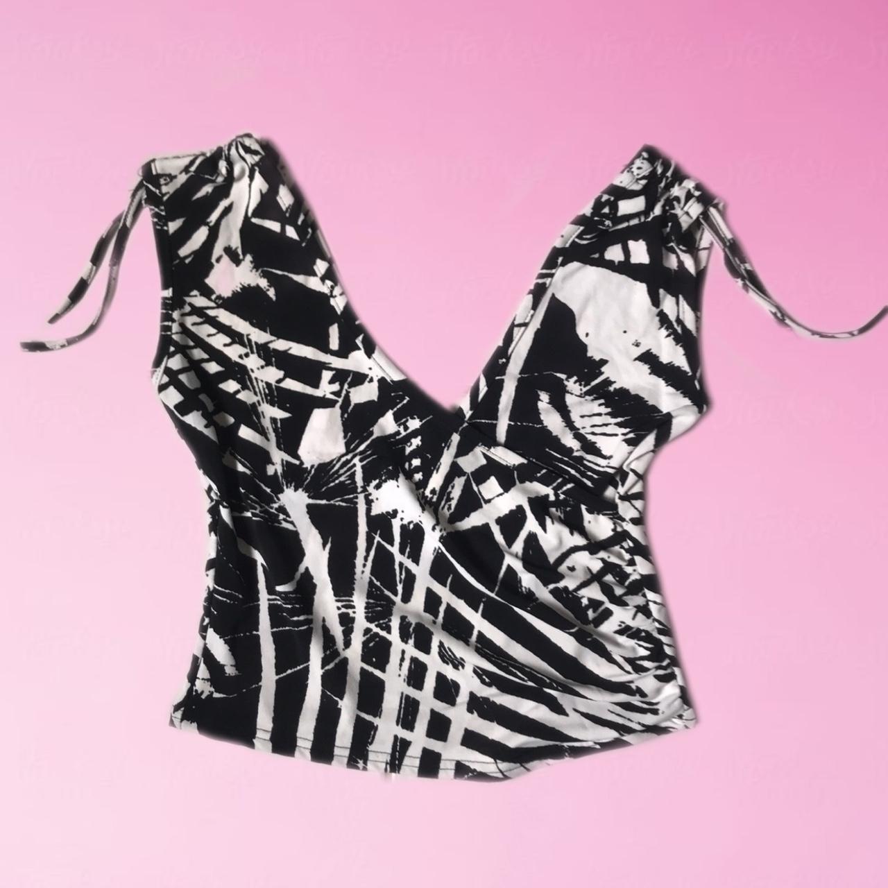 Vintage 90s abstract black and white top V neck top,... Depop