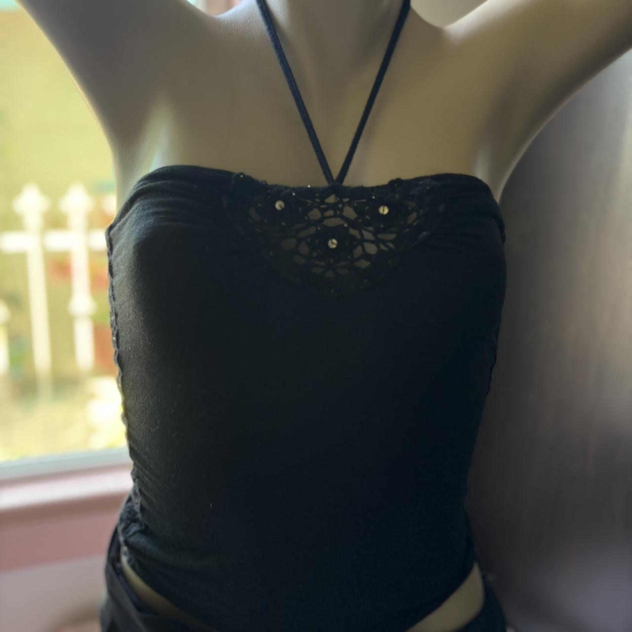 Black lace halter top with detailing and tie back... - Depop