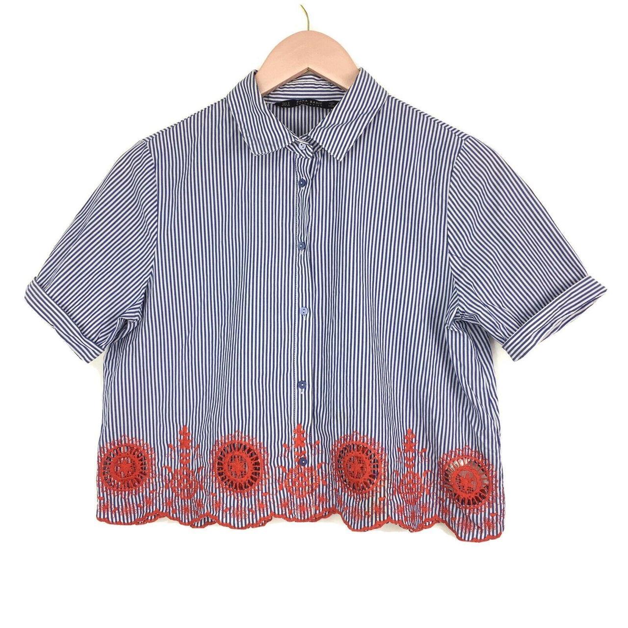 Zara Cropped Button Up Shirt Blue White Depop