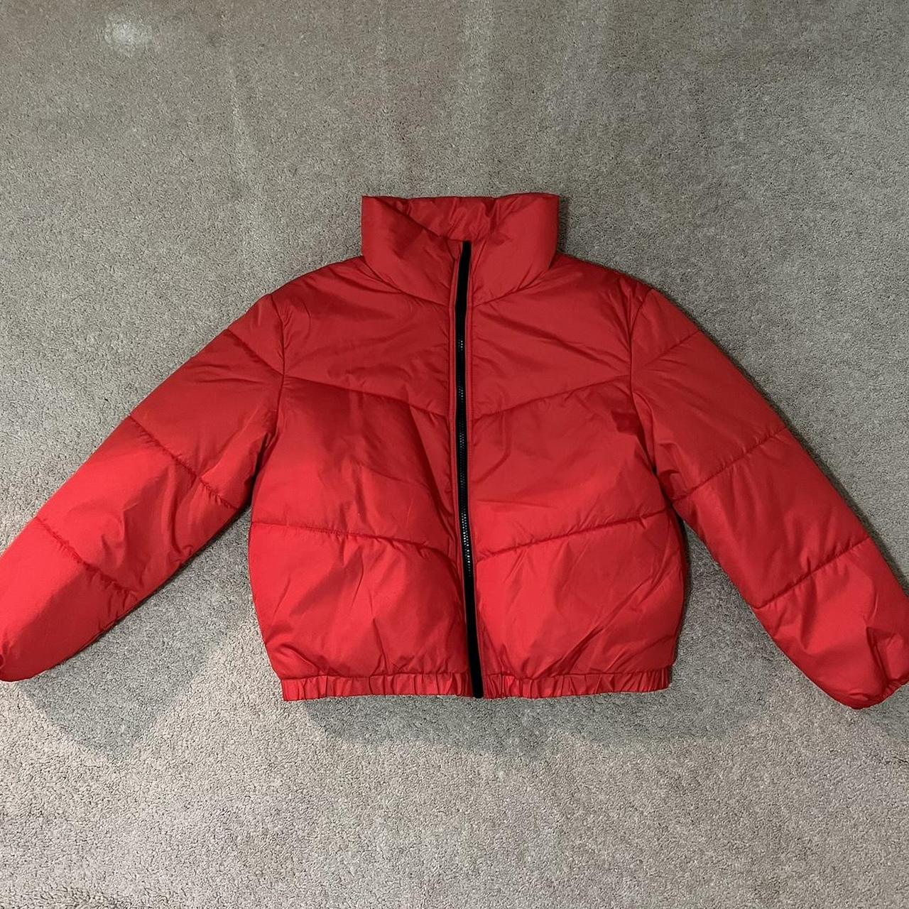 Red cropped puffer jacket. So comfy and warm and the... - Depop